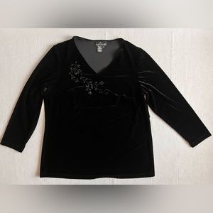 Carole Little Stretch Velvet Top 1X V-Neck 3/4 Sleeve Glitter Embellishment NWOT